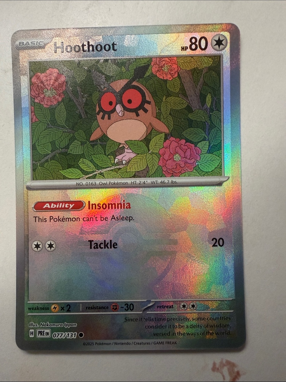 Pokemon hoothoot Holographic Card rare poke ball. Prismatic evolutions Pokemon